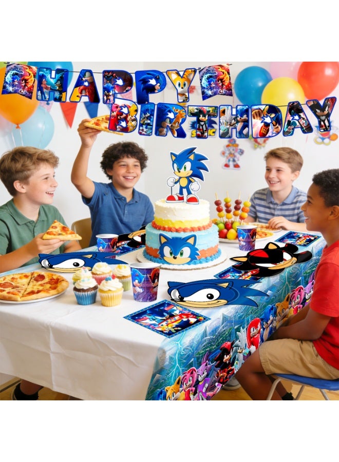 سونيك زينة حفلة عيد ميلاد سونيك لـ 16 ضيفًا، طقم أدوات مائدة على شكل سونيك مكون من 128 قطعة مع لافتة، أطباق، مناديل، أكواب، أدوات مائدة ومفرش طاولة – لوازم حفلات سونيك للأطفال - Image 5